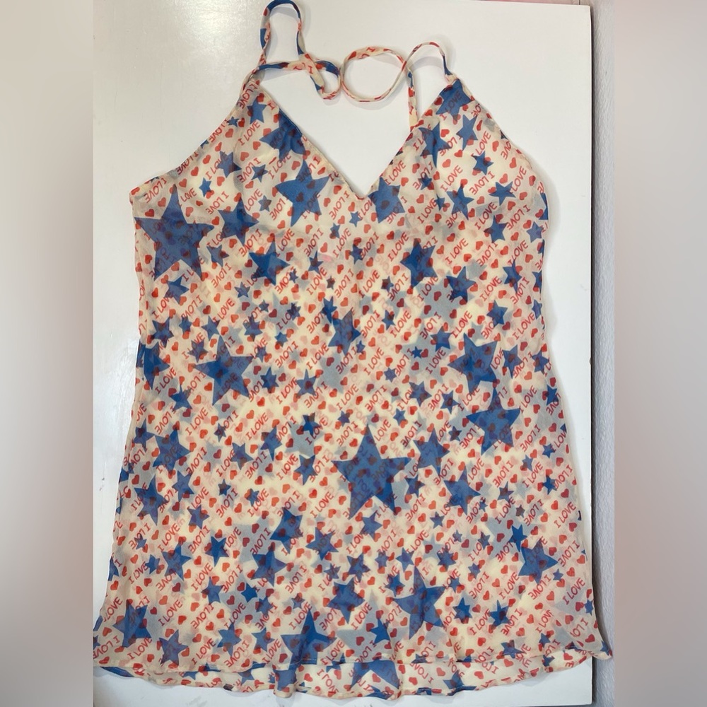 SXXXK Women’s Y2K Blue and Red Star Love Print 100% Silk Top Size M